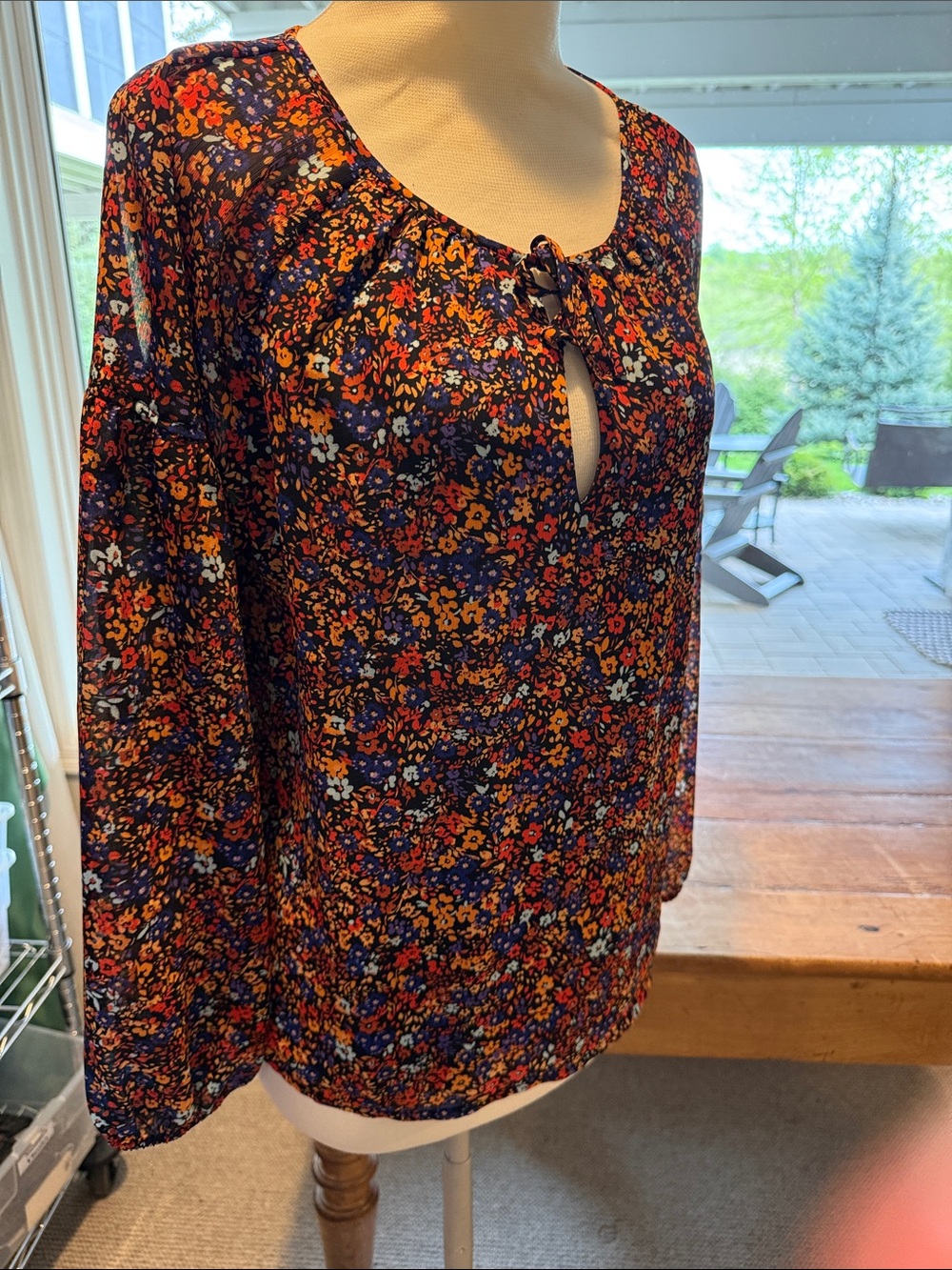 J. Crew Navy Floral Keyhole Long-Sleeve Blouse